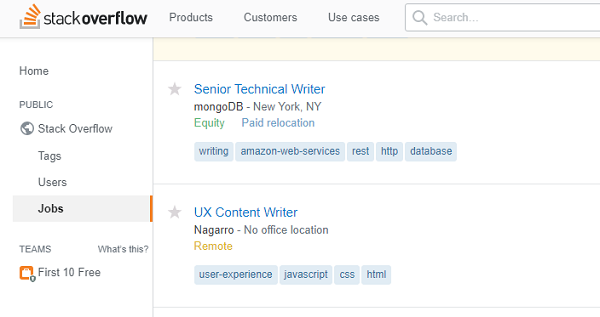 technical writing jobs stackoverflow
